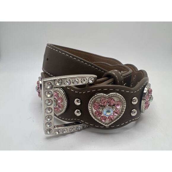 Nocona Girls Pink Rhinestone Hearts Western Belt Buckle Pink Brown Sz-24 - Picture 1 of 10